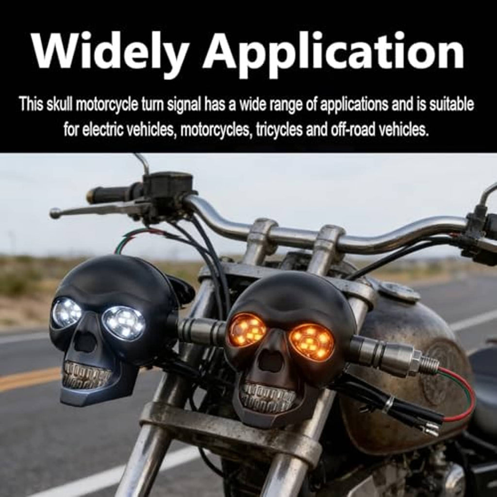 Skull motorcycle LED turn signal lights mounted on handlebars, amber lamp lenses visible