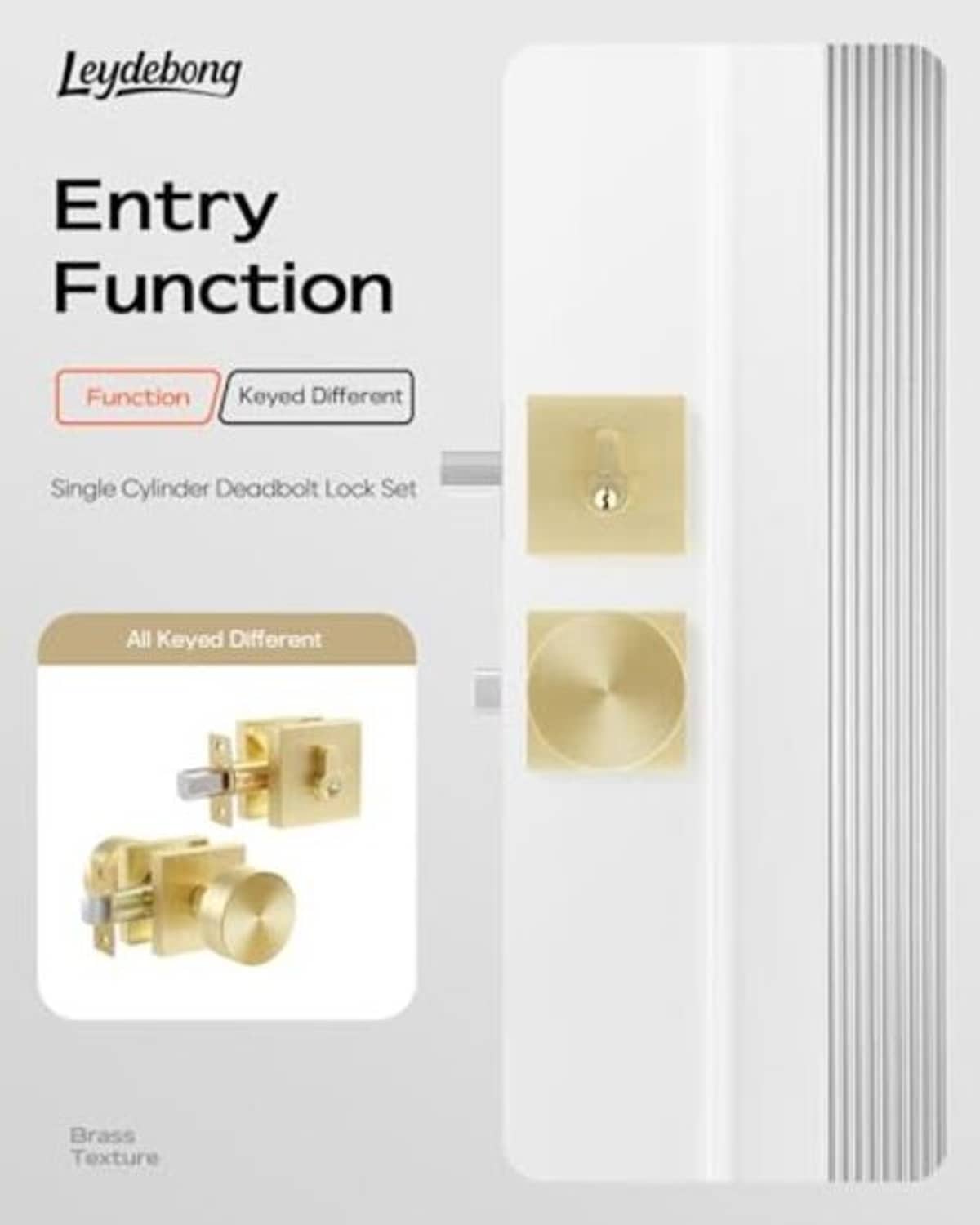Satin brass entry function deadbolt with keyed different lever and knob.