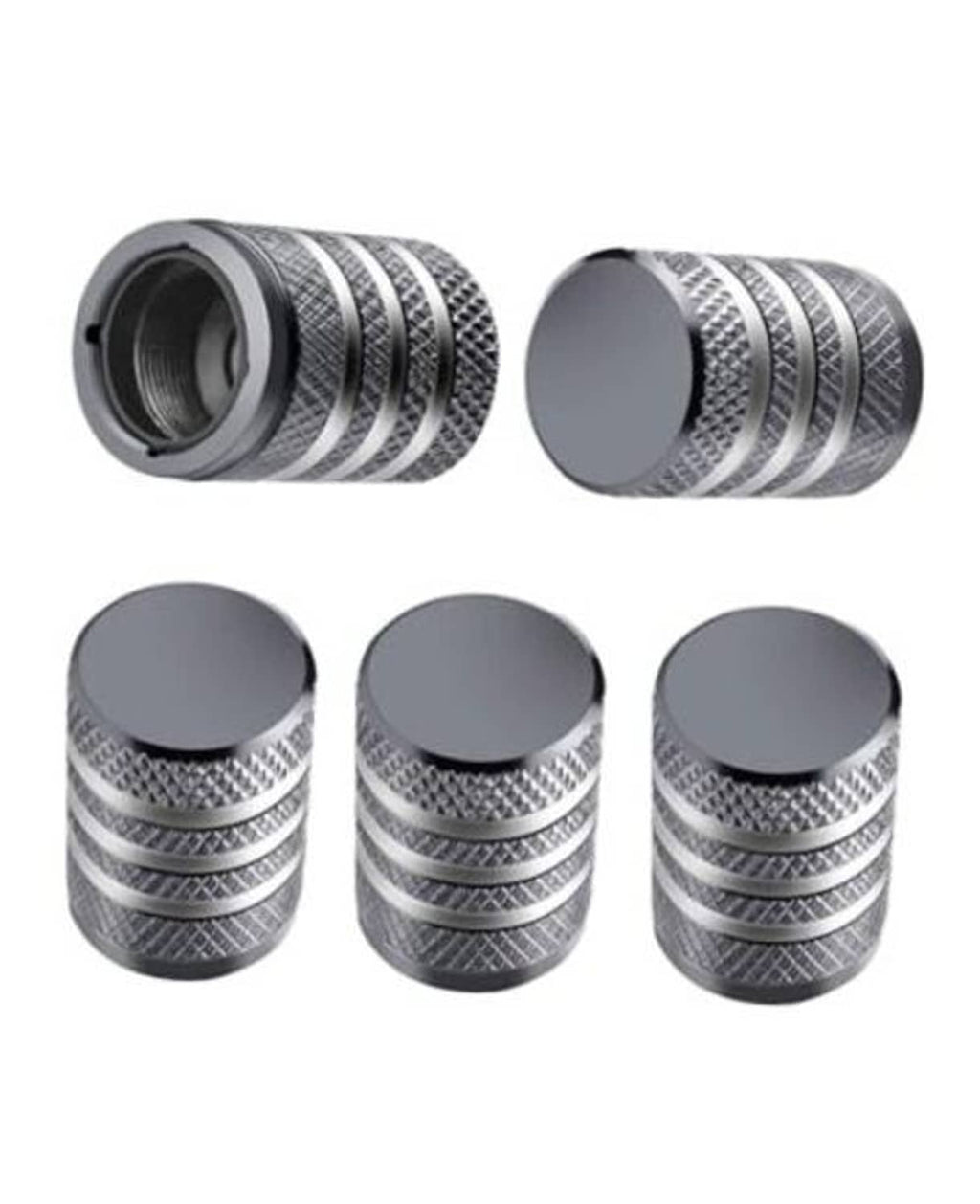 Metal tire valve stem caps, grey with textured grip and black inner liner, 5-pack
