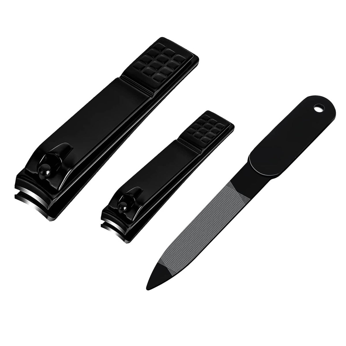 Black wide-jaw nail clipper with textured grip and curved cutter blade