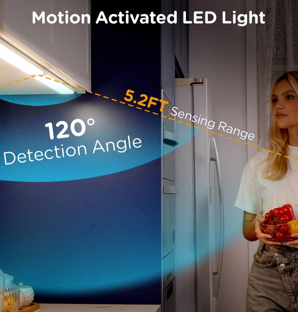 Motion-activated under-cabinet LED light with 120° detection angle and 5.2ft range