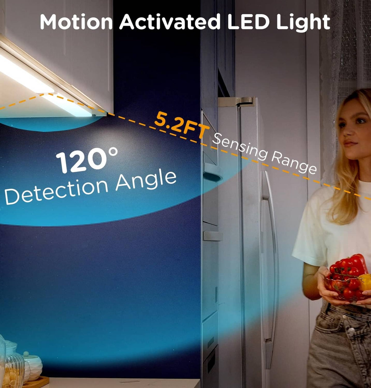 Motion-activated under-cabinet LED light with 120° detection angle and 5.2ft range