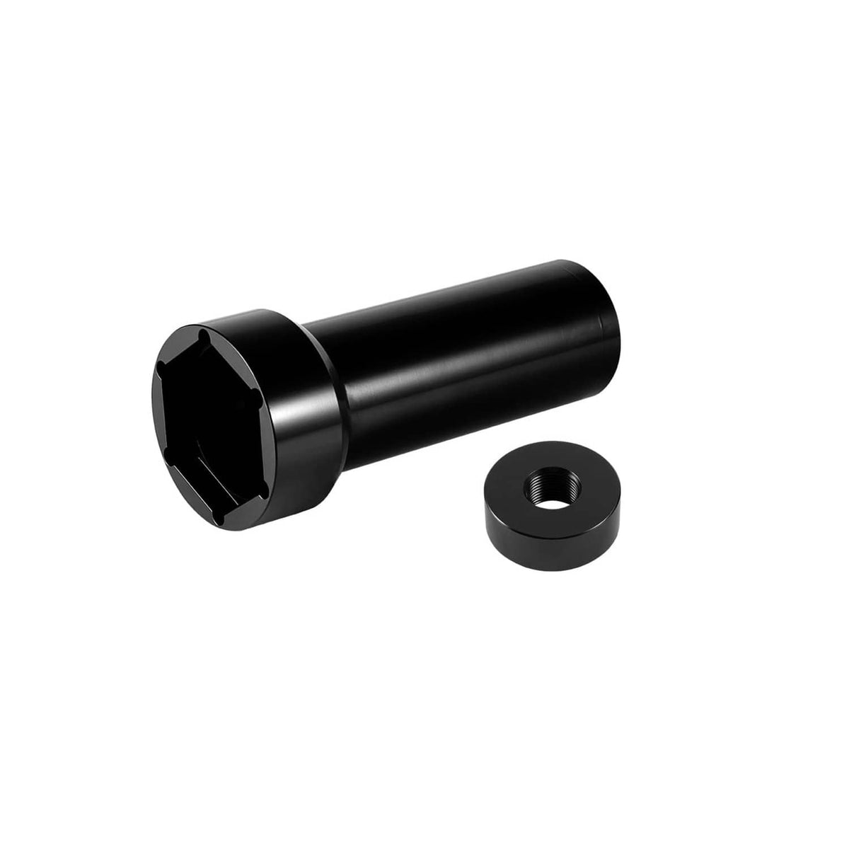 Black mainshaft sprocket socket tool with hex end and separate threaded nut cap