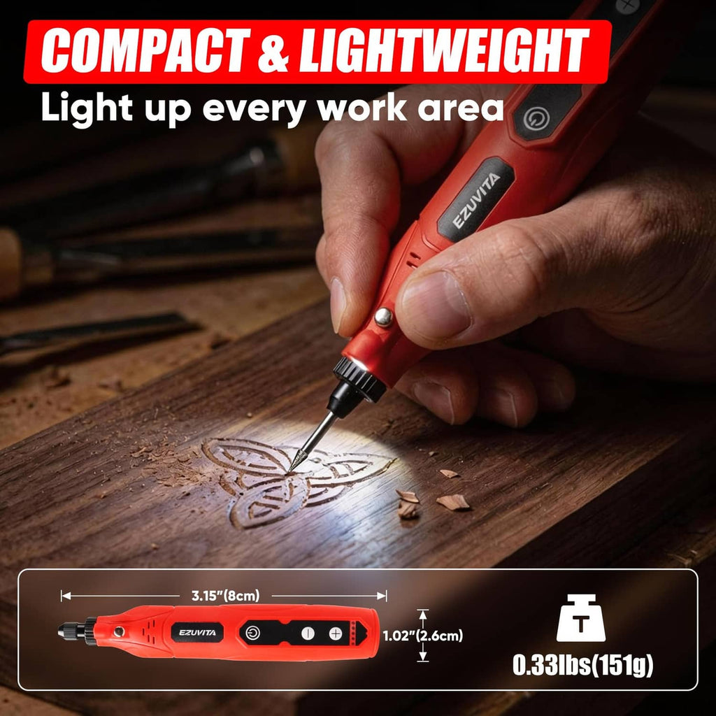 Red cordless rotary tool in hand carving wood, with front light illuminating the tip