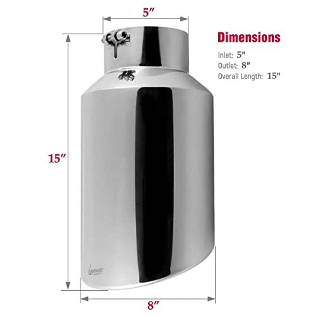 Chrome exhaust tip size diagram: 5 in inlet, 8 in outlet, 15 in length