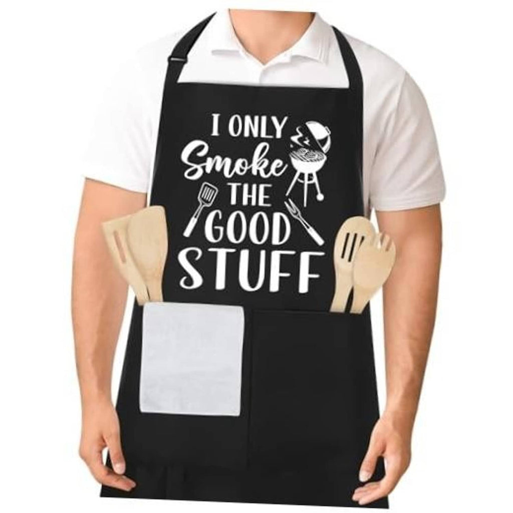 Black apron with 'I only Smoke the Good Stuff' grill graphic and front pouch pocket