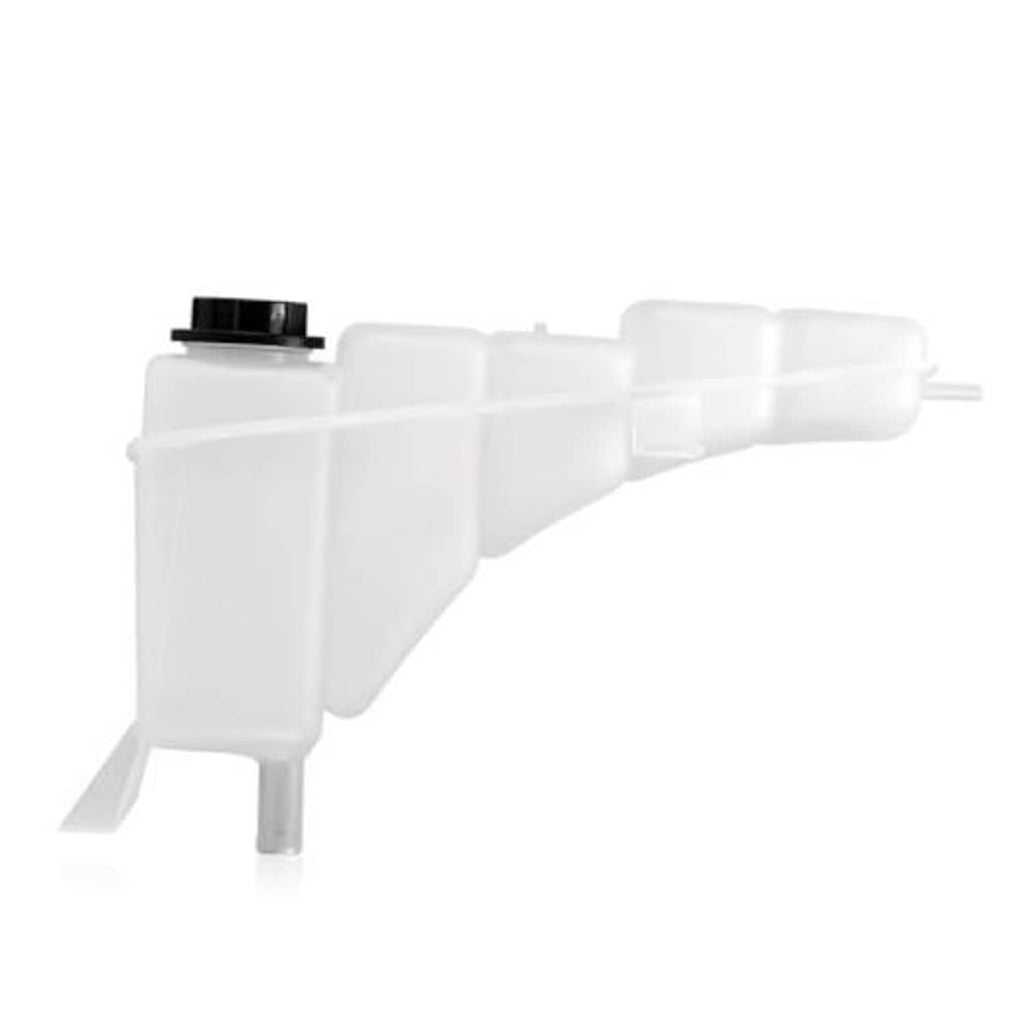 White engine coolant expansion reservoir tank with black cap and side outlet
