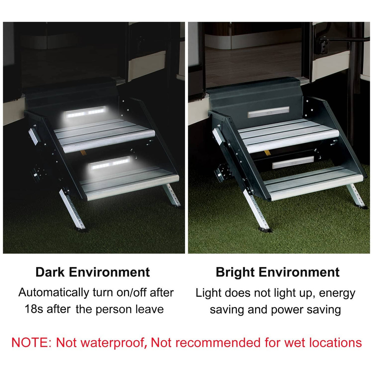 Dual step light bars projecting bright LED light across cabinet steps
