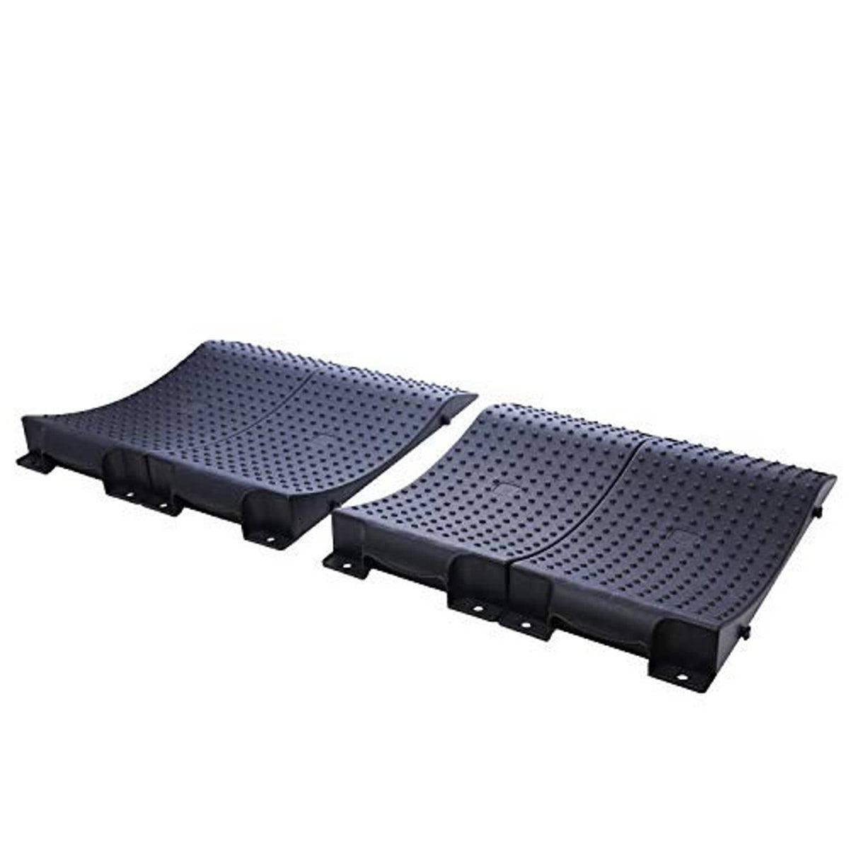 Car tire wheel ramp pads, two black non-slip boards with raised edge grips