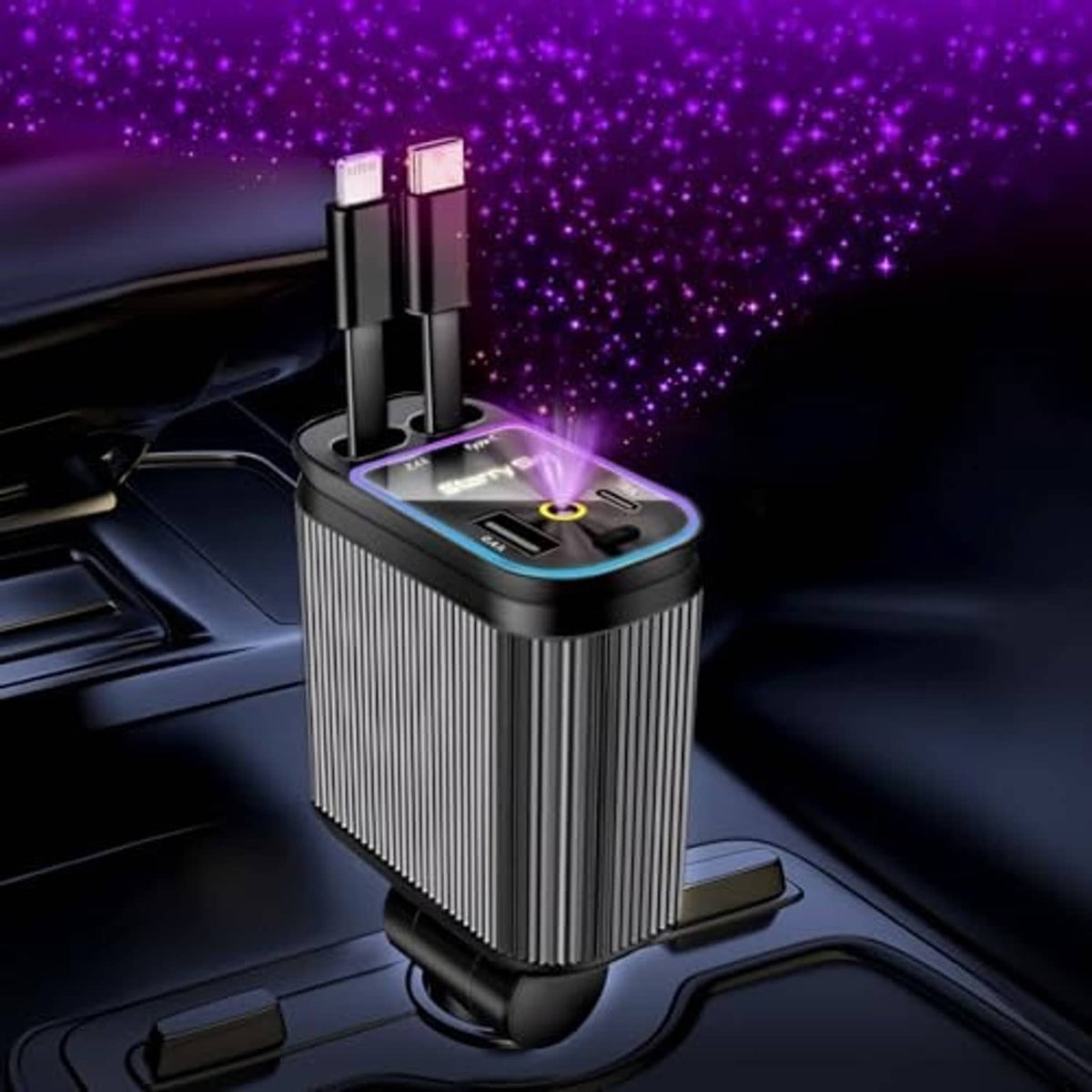 Retractable car charger dock with two stacked connectors, silver striped body