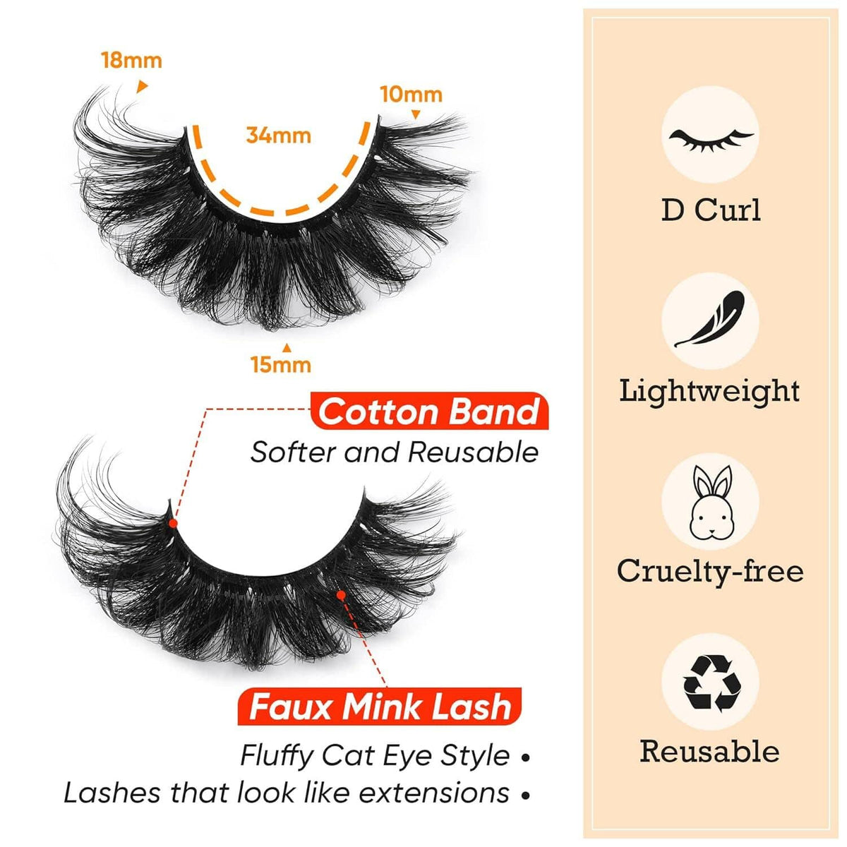 D-curl faux mink false eyelashes with cotton band, lightweight, cruelty-free, reusable