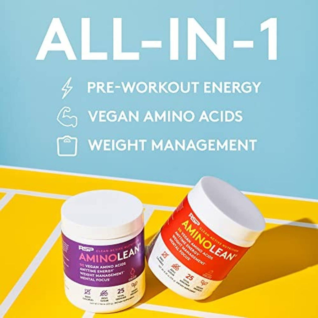 AminoLean all-in-1 supplement jars, 'pre-workout energy' printed on package