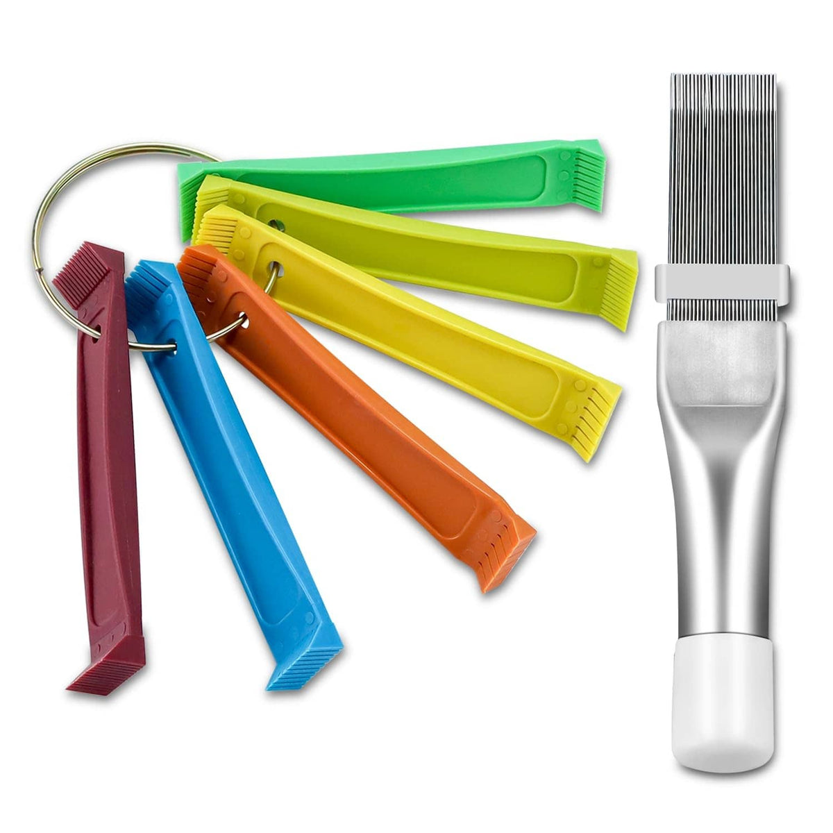 2-piece condenser fin comb tools, silver metal and multicolor plastic handles.