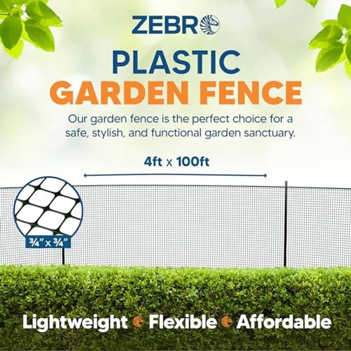 Green square-mesh plastic garden fence sheet with 3/4 in grid detail