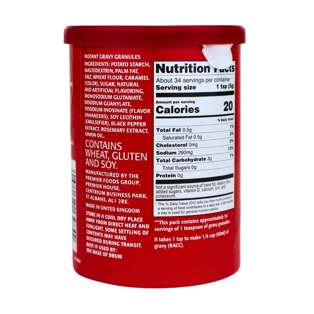 Back label view of a red Bisto instant gravy granules tub with nutrition and ingredients info