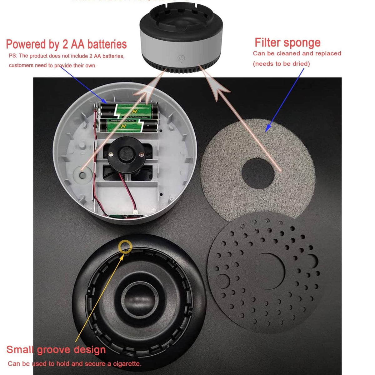 White air purifier base with open housing and removable filter sponge insert