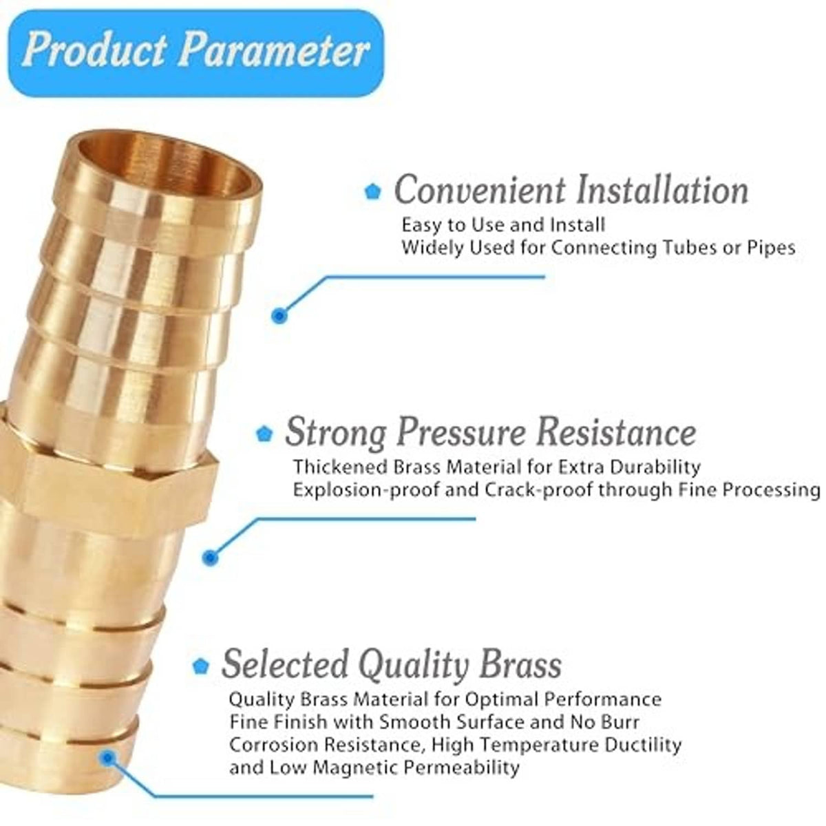 Brass hose barb connector fitting shown beside a product parameter diagram