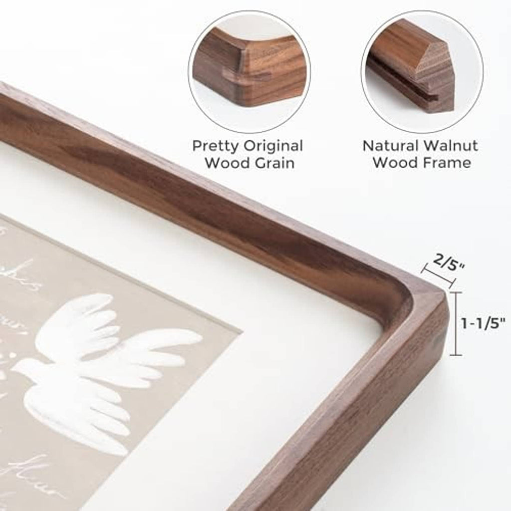 Natural walnut frame corner with visible wood grain and inset white mat