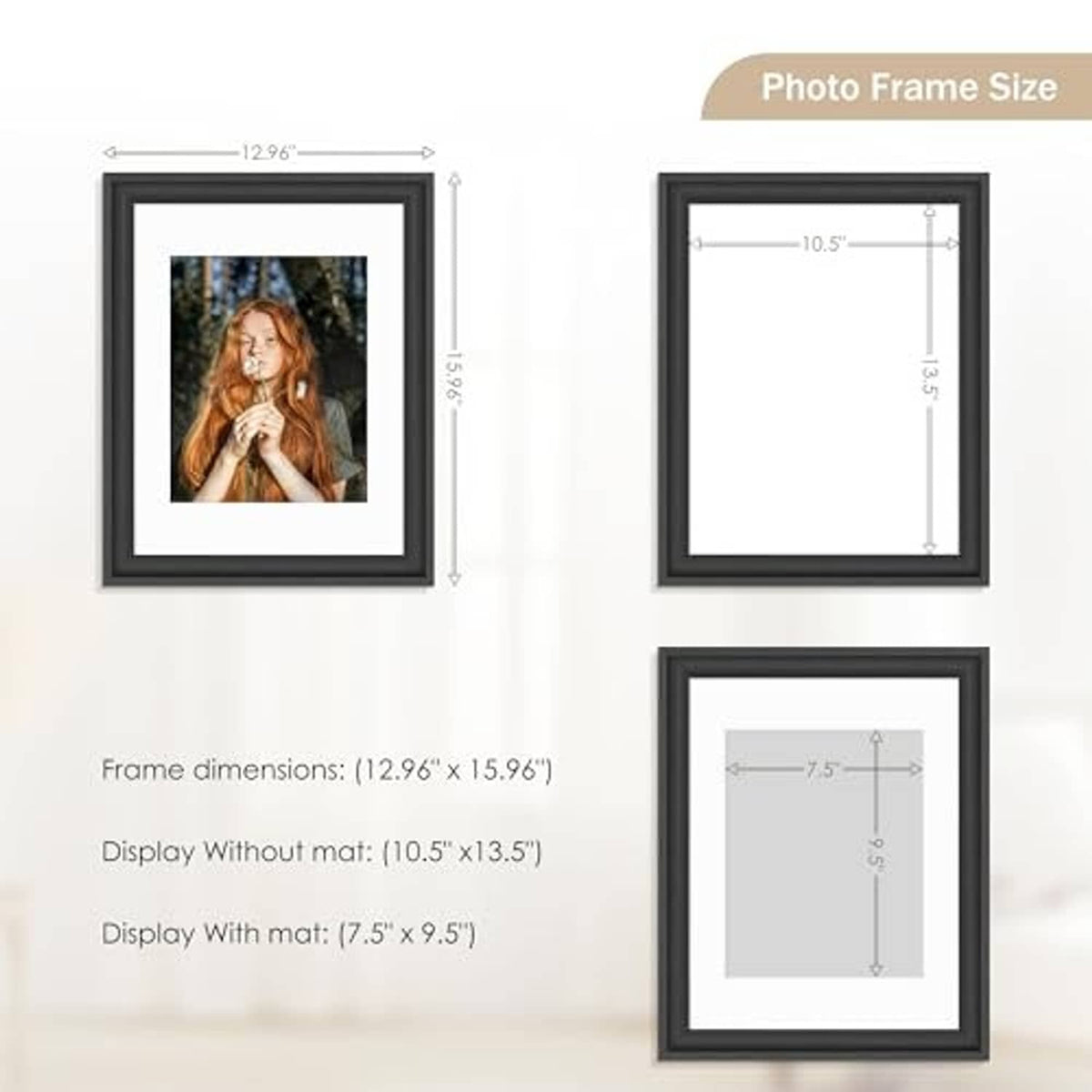 Black photo frame with size diagram, shows view with and without white mat