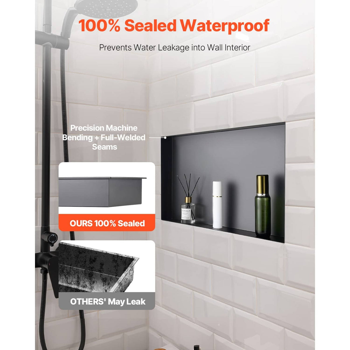 Black shower niche recessed shelf with back panel, for holding toiletries