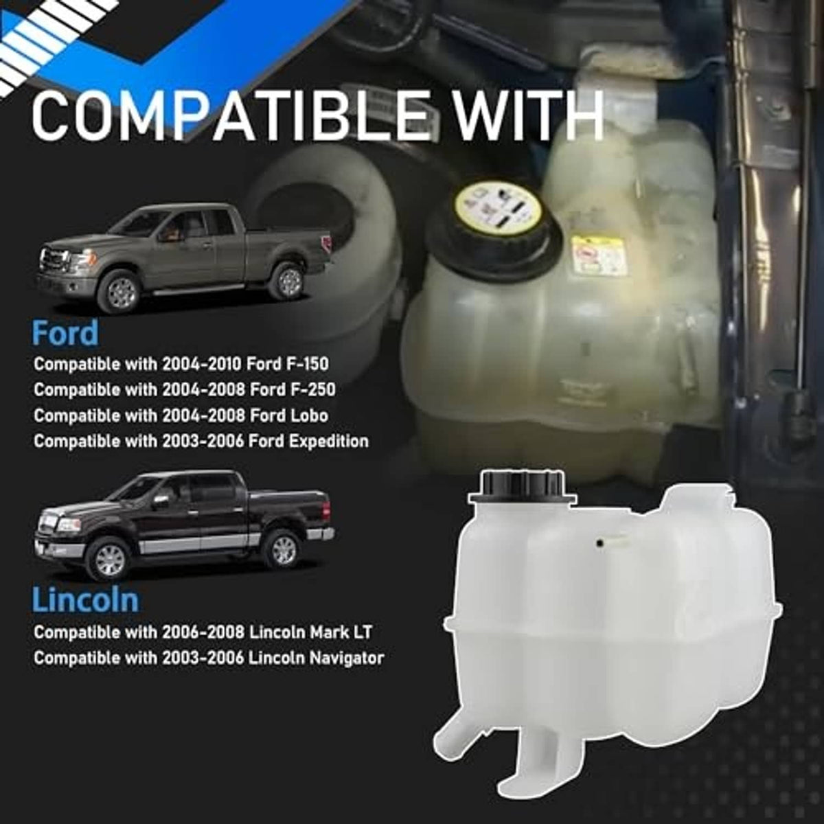 White coolant overflow reservoir tank with black cap and small vent spout