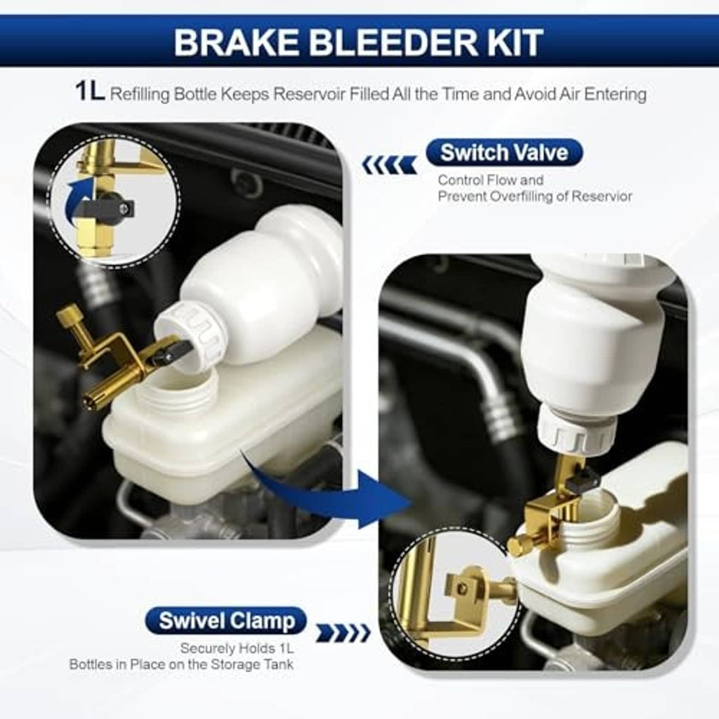 Brake bleeder kit with two white bottles, brass fittings, and blue switch valve on mounting parts
