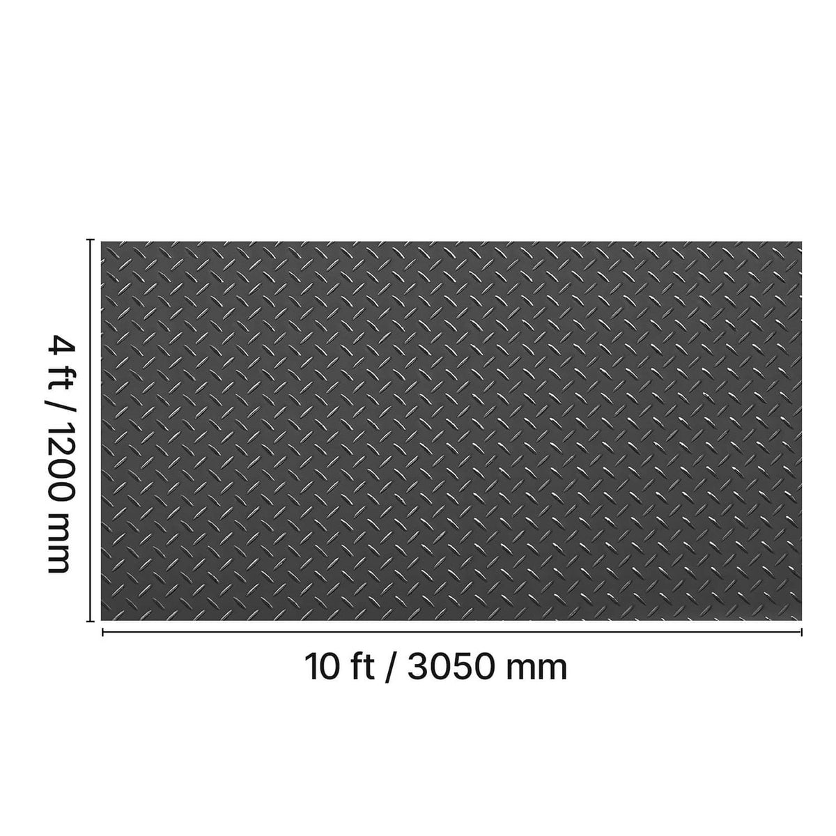 Black garage floor mat dimensions: 10 ft by 4 ft diamond-plate surface