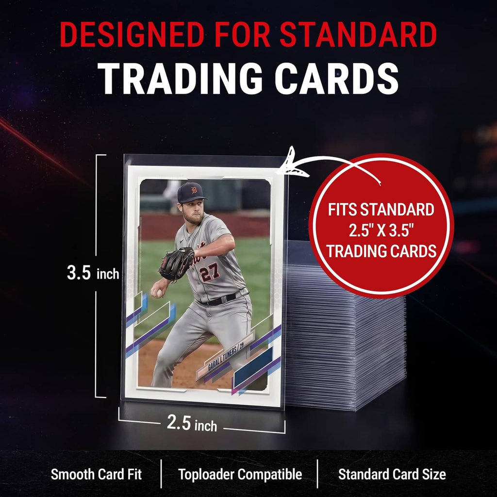 Stack of Ultra Pro clear trading card sleeves with a sleeve fitted over a card