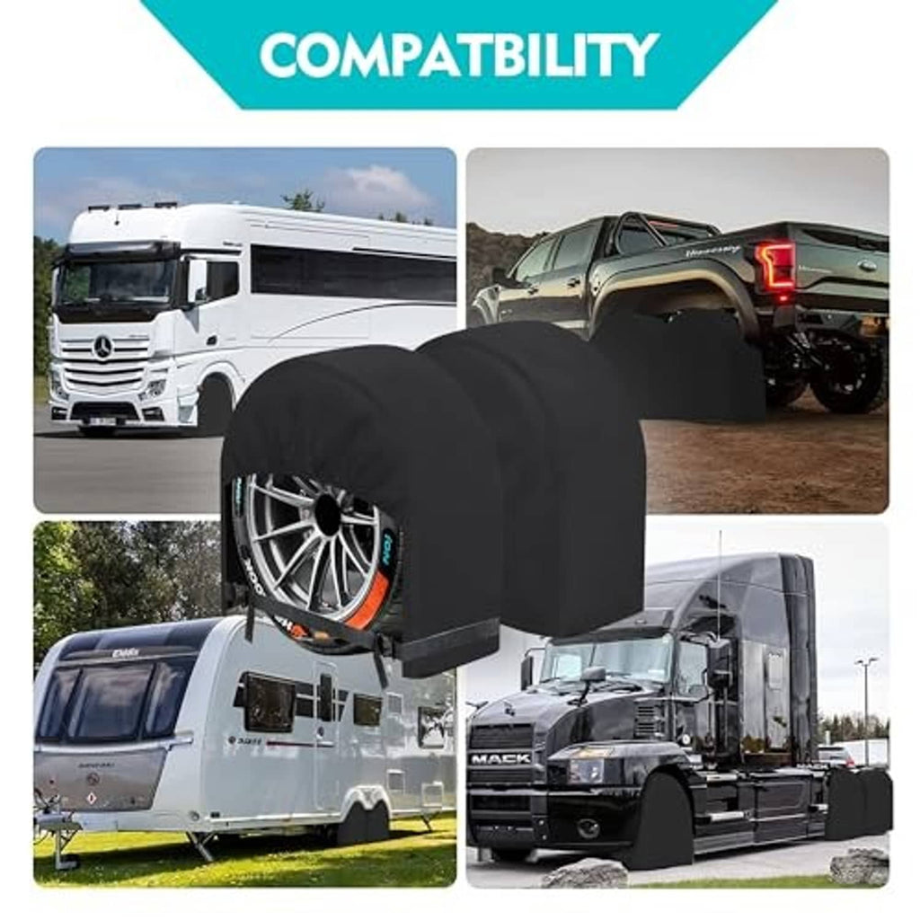 Black RV tire cover caps shown on wheels with RV and truck compatibility images