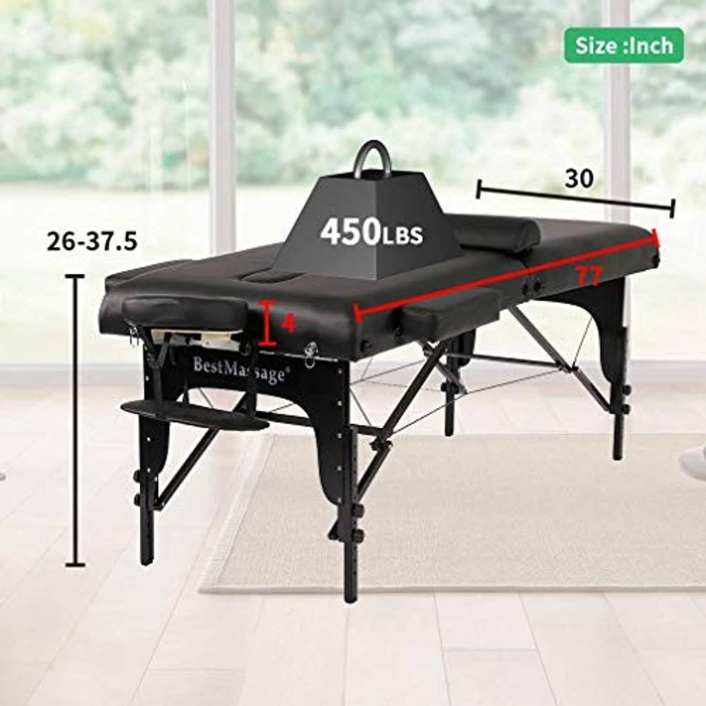 Black massage table with padded headrest and arm sections on folding metal legs