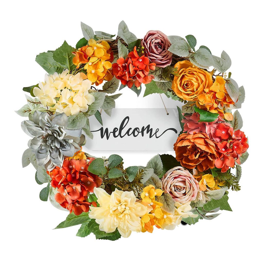 Year-round floral wreath with welcome sign, orange red yellow roses, hydrangeas, and greenery
