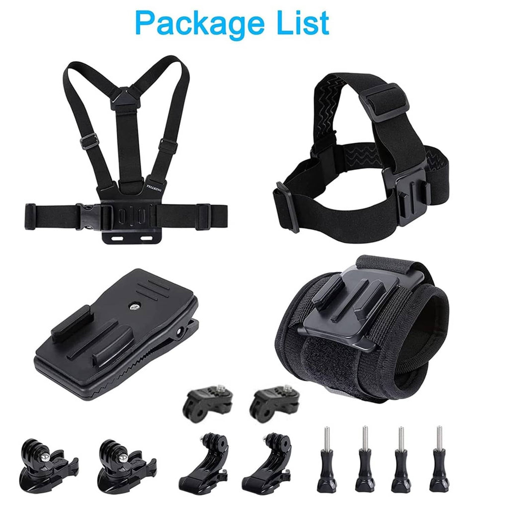 Action camera accessories kit with straps, buckles, and mounting brackets