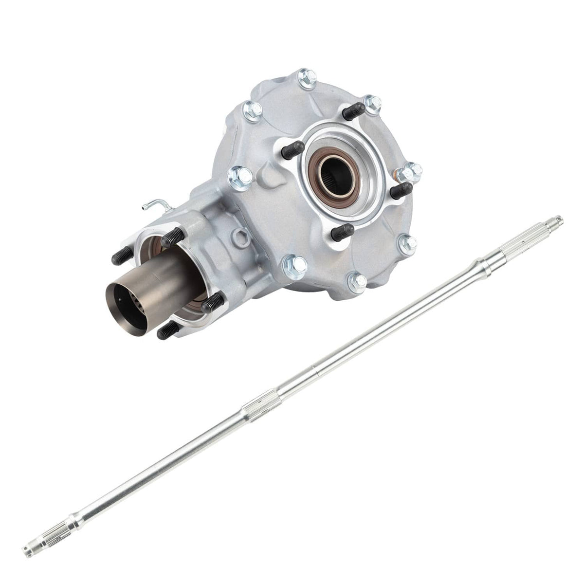 Rear differential axle assembly with bearing housing and output flange, metallic silver