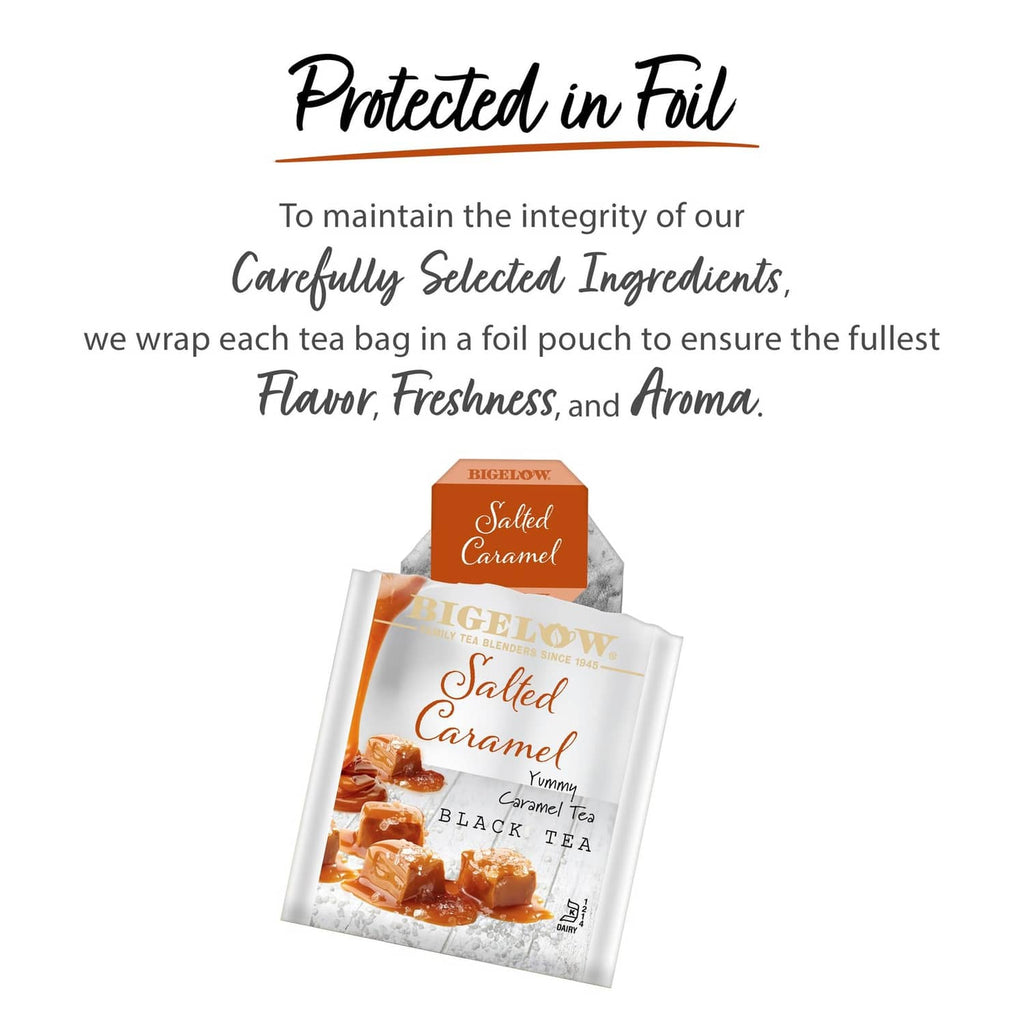 Salted caramel black tea pouches protected in foil packaging