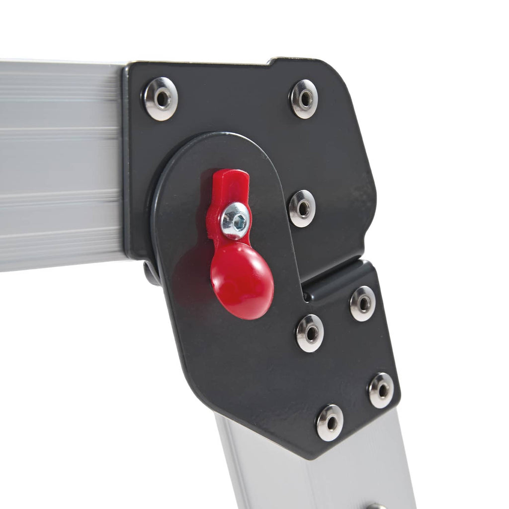 Adjustable platform hinge with red locking knob on black mounting plate