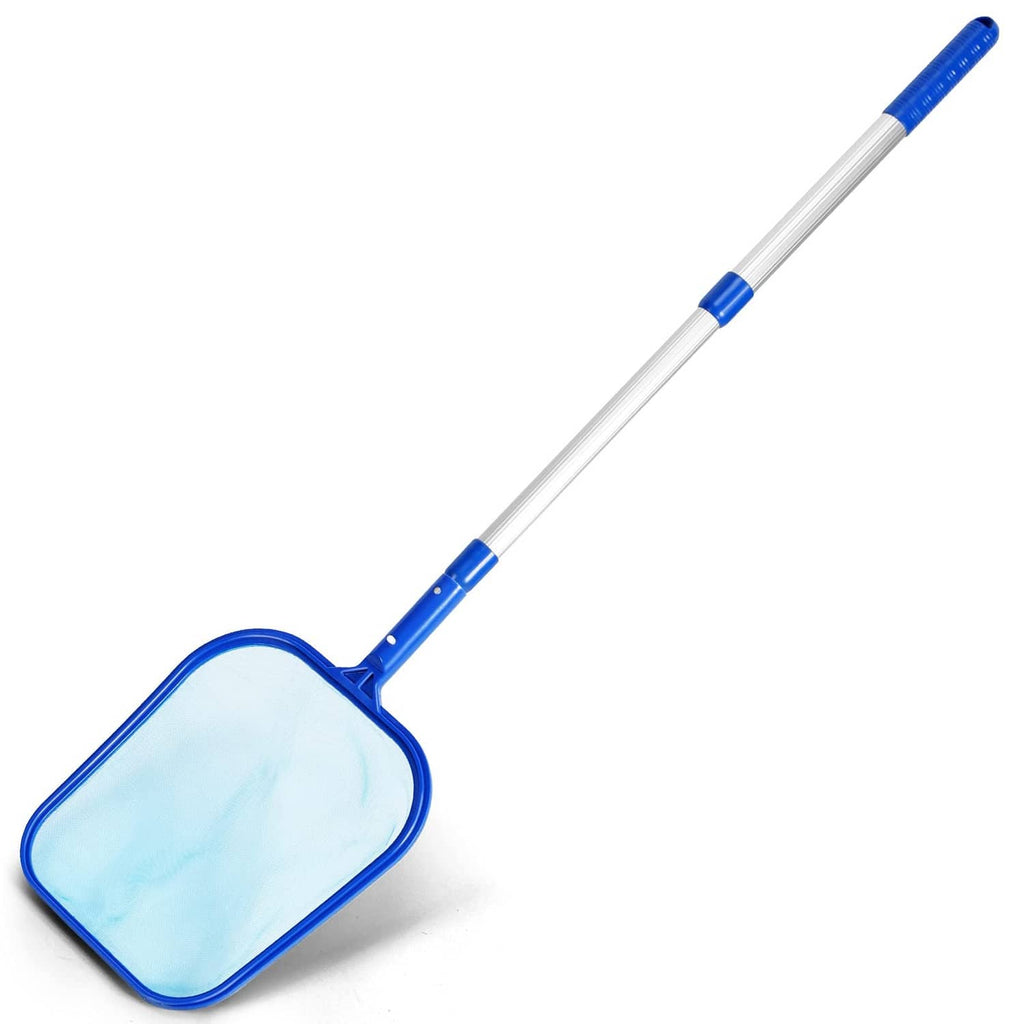 Blue fine-mesh pool skimmer net with square frame and attached telescopic pole