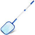 Blue fine-mesh pool skimmer net with square frame and attached telescopic pole