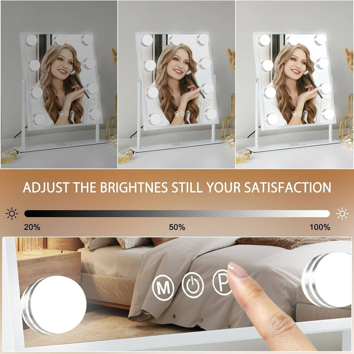 Makeup vanity mirror with LED bulbs and brightness dimming control slider
