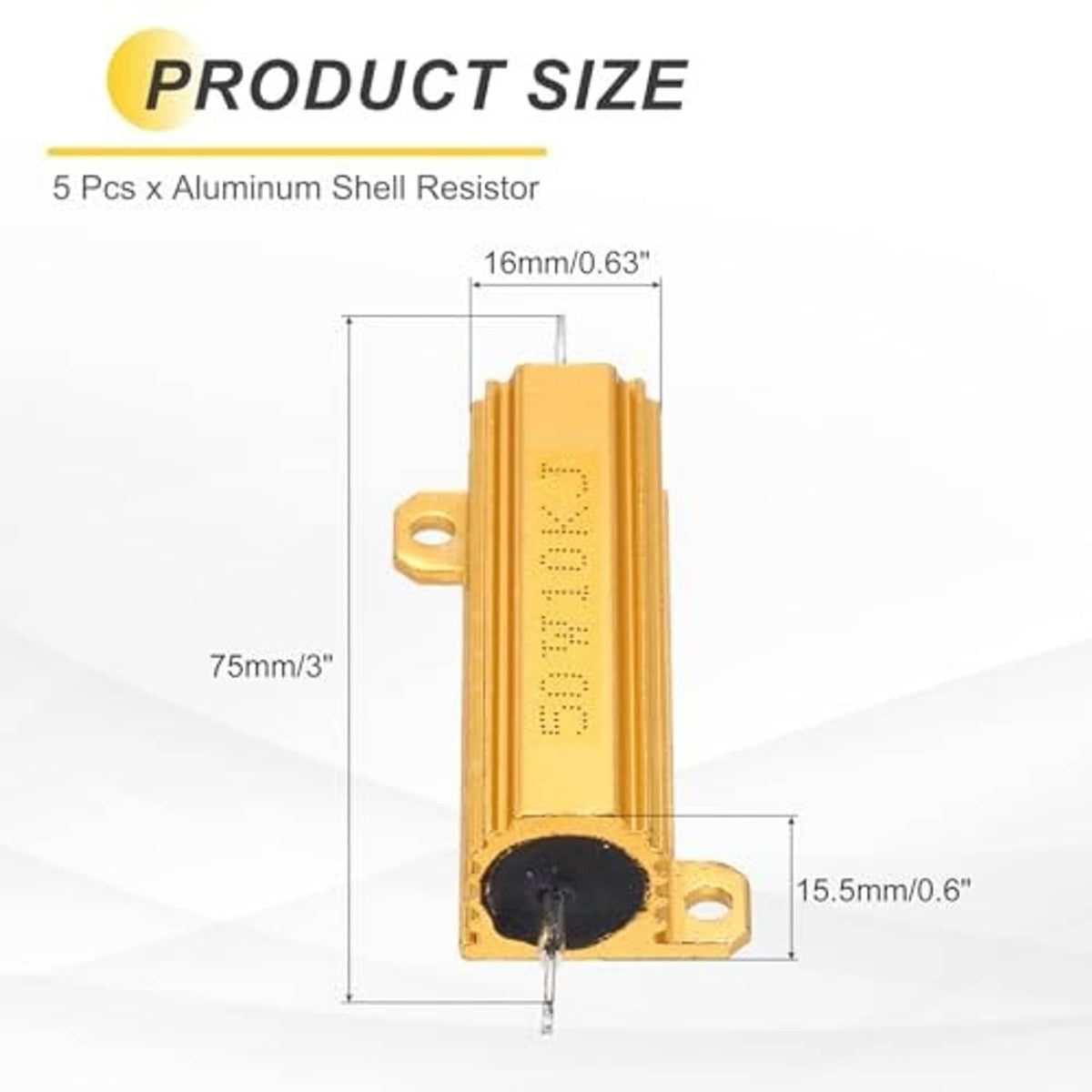Aluminum shell wirewound resistor with size measurement diagram and two leads