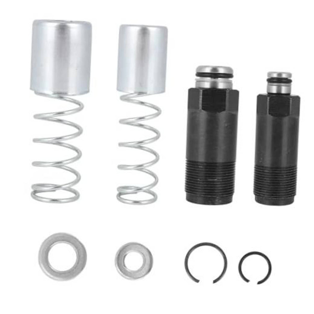 Floor jack piston plunger replacement kit with two silver plungers, springs, and seal rings