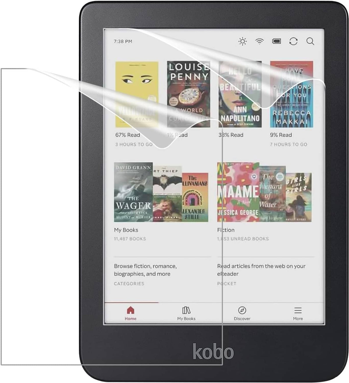 Black e-reader screen protector film, anti-glare coverage on front display