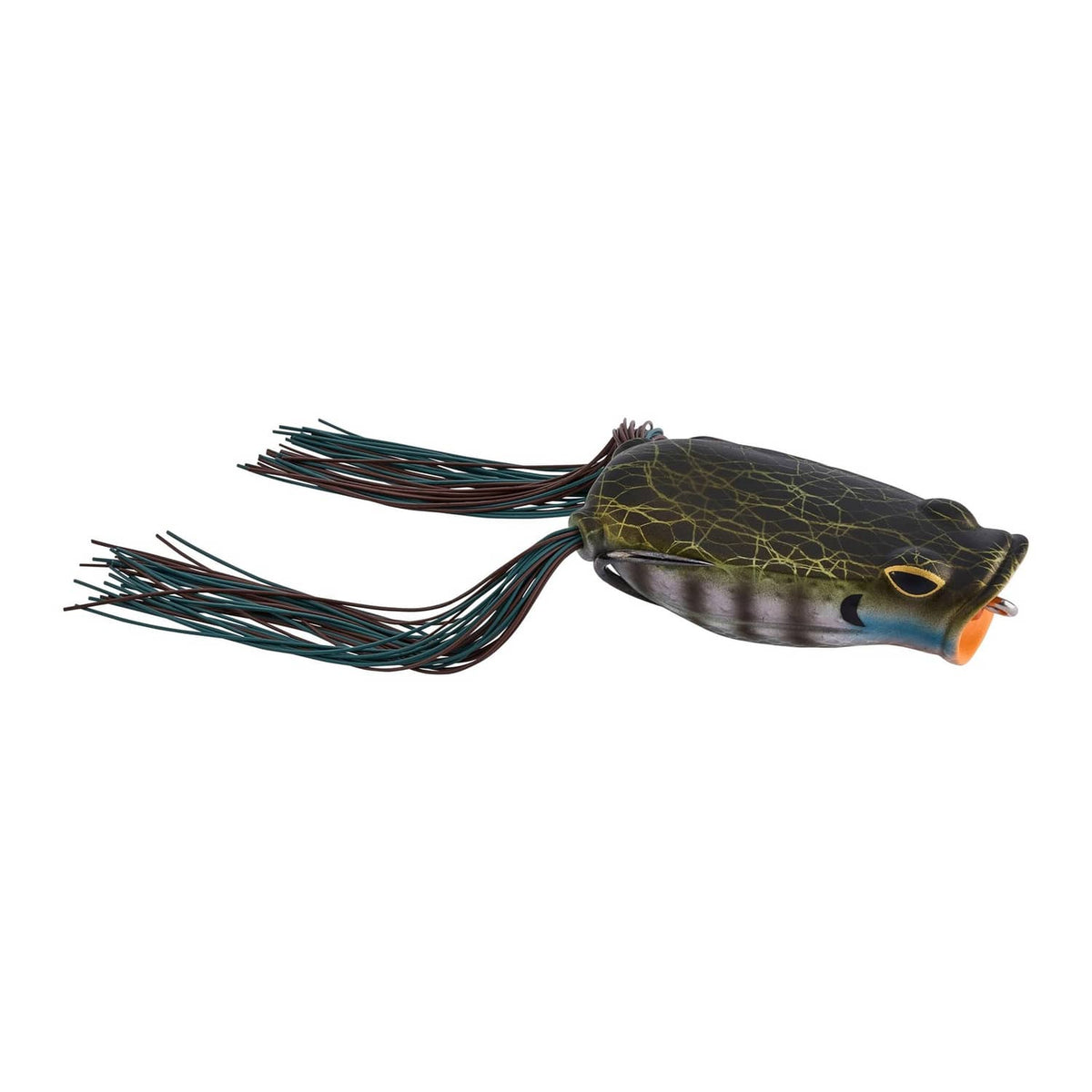 Soft frog fishing lure with hollow body, dark camo finish, teal-brown skirt strands