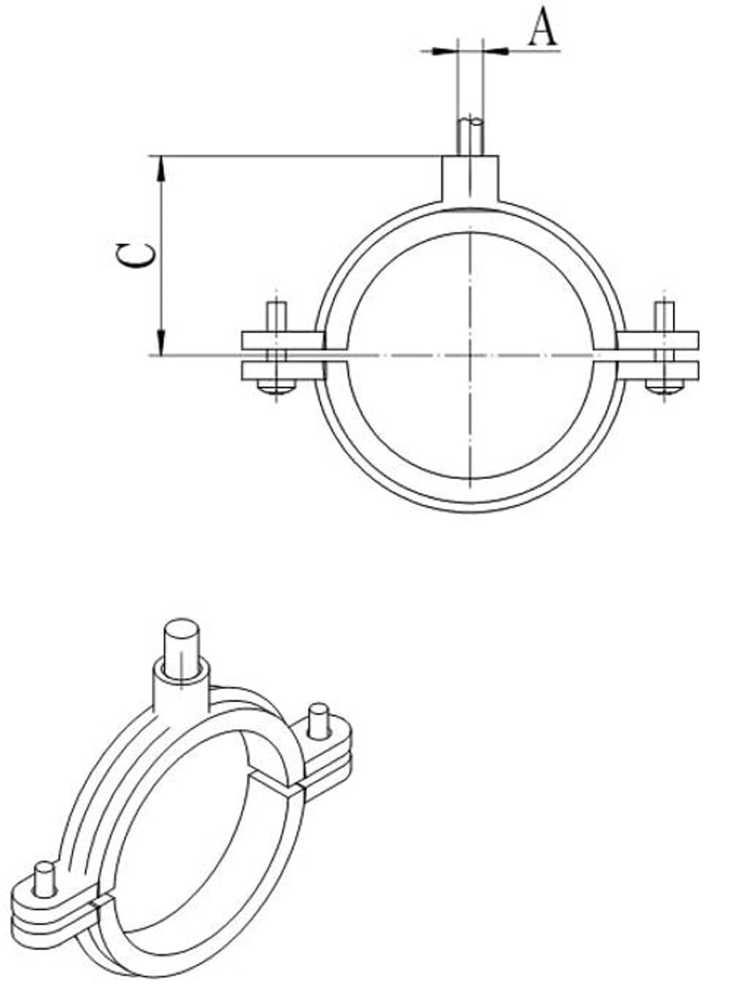 Split ring pipe hanger dimension diagram showing clamp diameter and height measurements