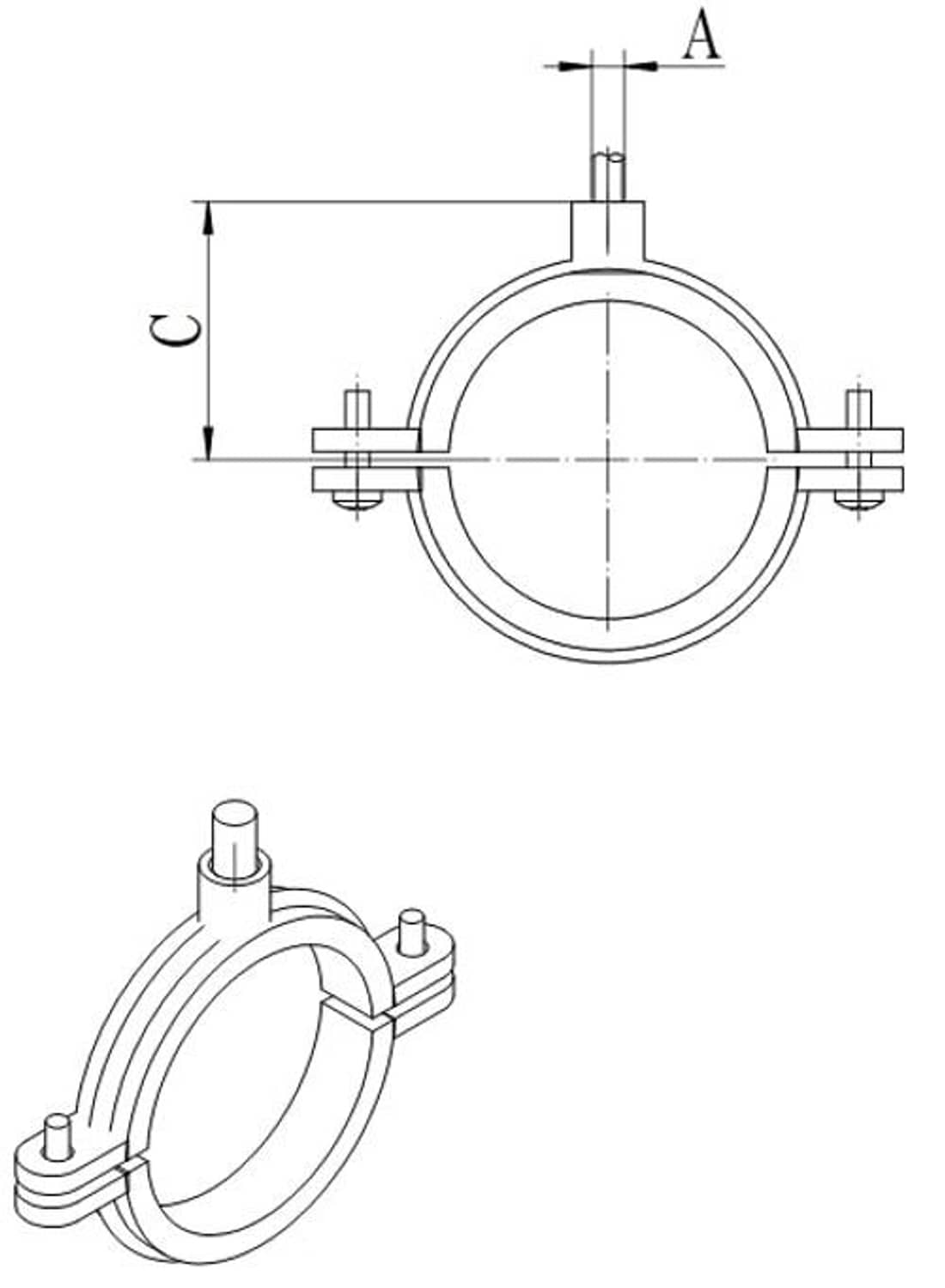 Split ring pipe hanger dimension diagram showing clamp diameter and height measurements