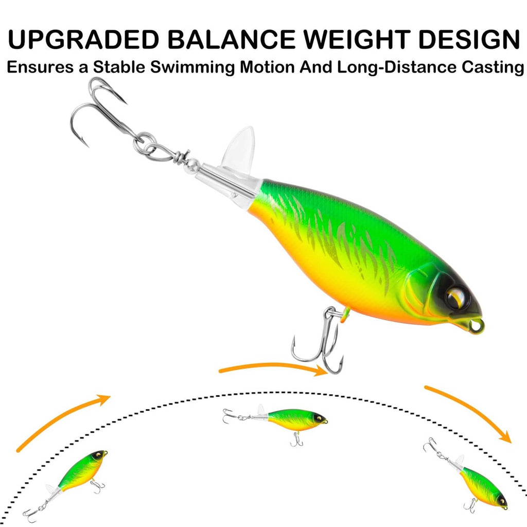 Green-and-yellow topwater lure with balance weight, treble hooks, and silver hardware