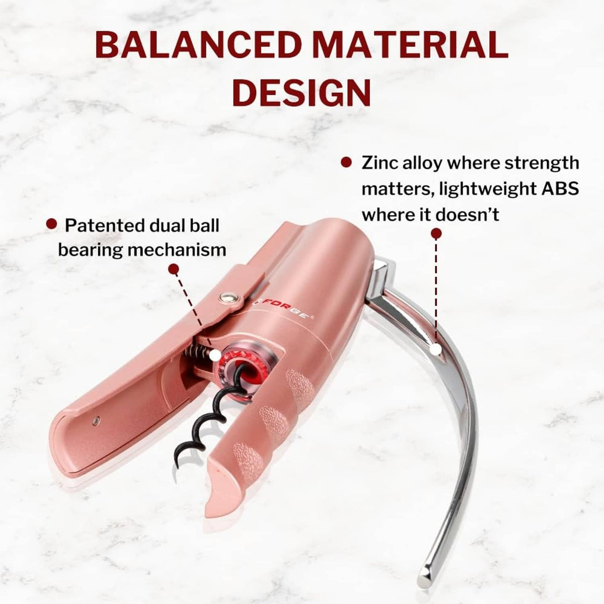 Pink lever wine corkscrew with black detail, chrome hinge, and cork screw mechanism.