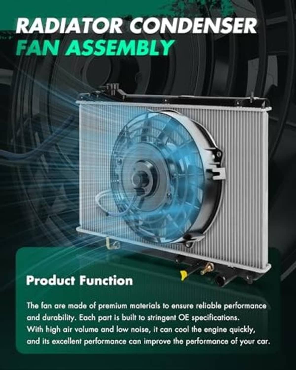 Radiator condenser fan assembly with electric cooling fan and radiator core