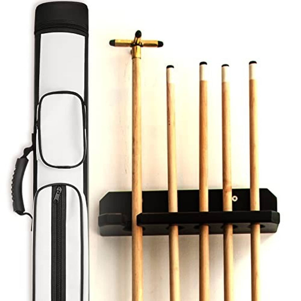 Hard oval pool cue case with shoulder strap and two-piece rack holding several cues