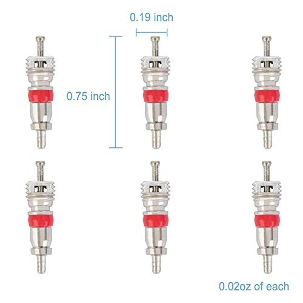 Six tire valve cores showing red seals on silver metal valve stems