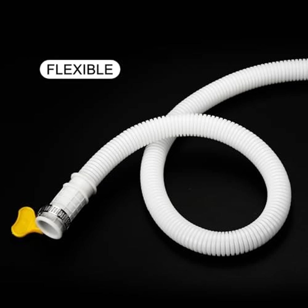 Flexible white AC drain hose with yellow clamp and metal ring, curved coil shape